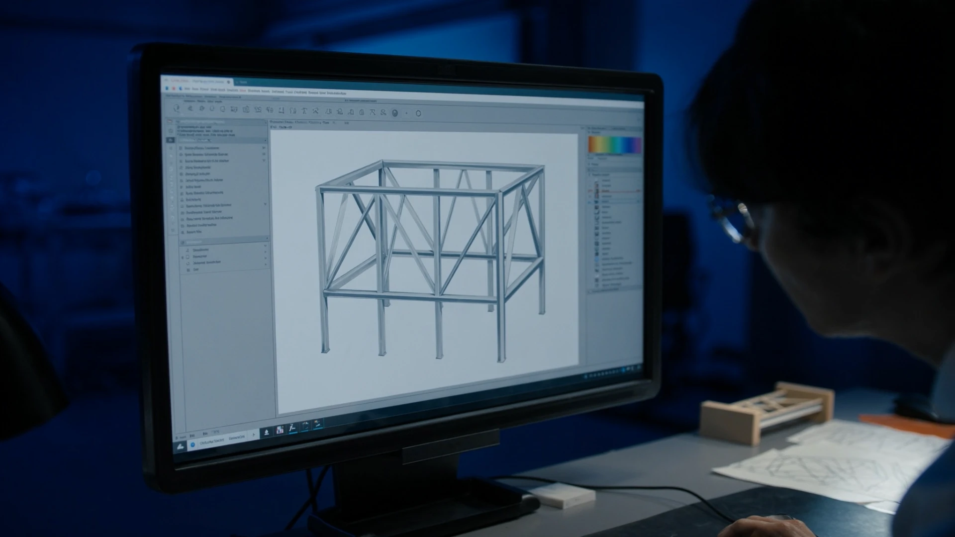 Engineer reviewing a steel frame model in structural analysis software