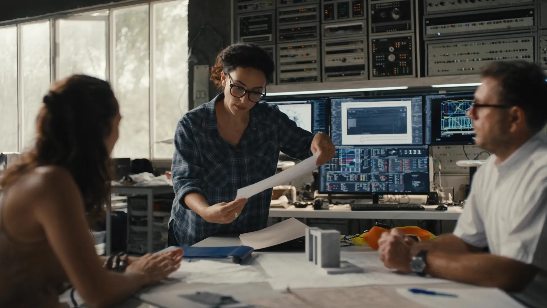 Engineers discussing drawings and analysis at a workstation