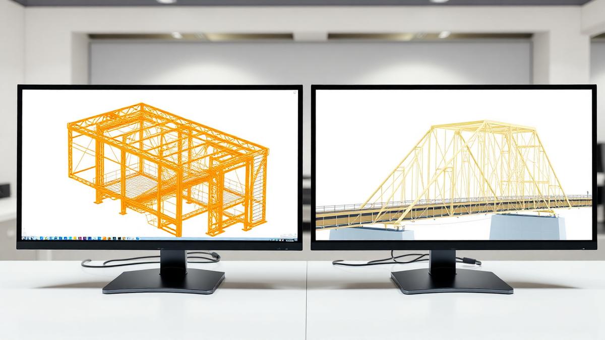 Two engineering monitors comparing a frame structure and a bridge analysis model