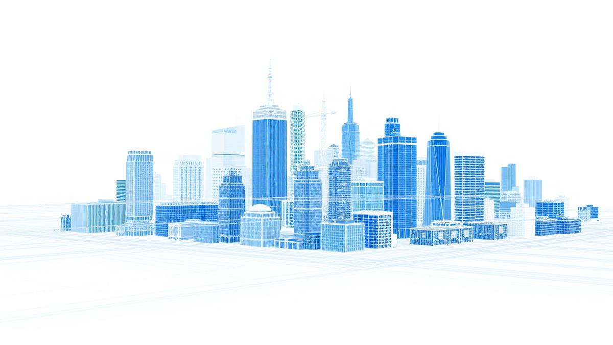 Digital twin visualization of a city district with wireframe and solid buildings