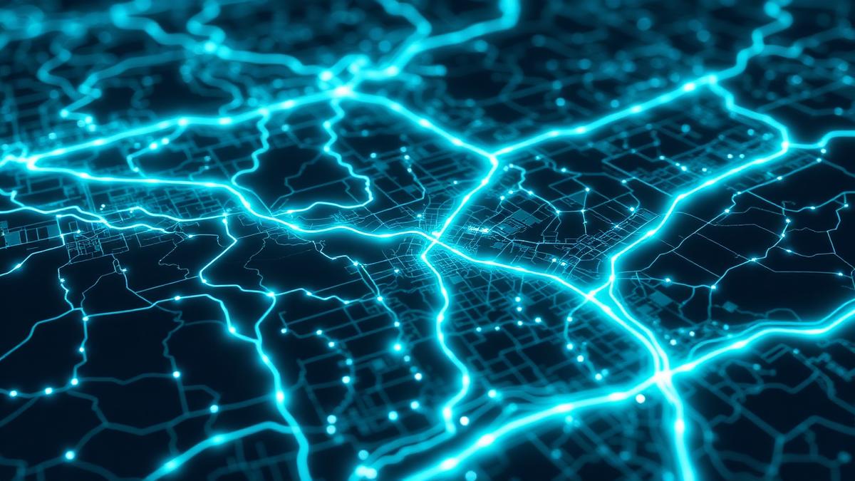 Hydraulic network model with glowing pipe routes and nodes over a city map