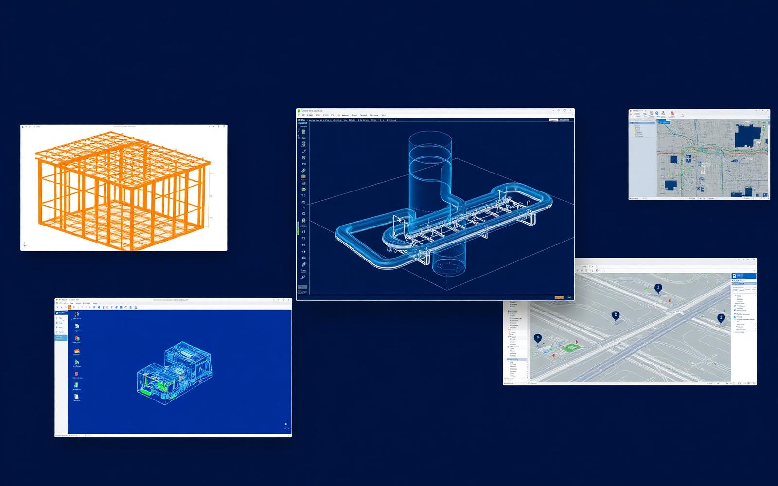 Collage of infrastructure software interfaces: structural, plant, water network and civil models