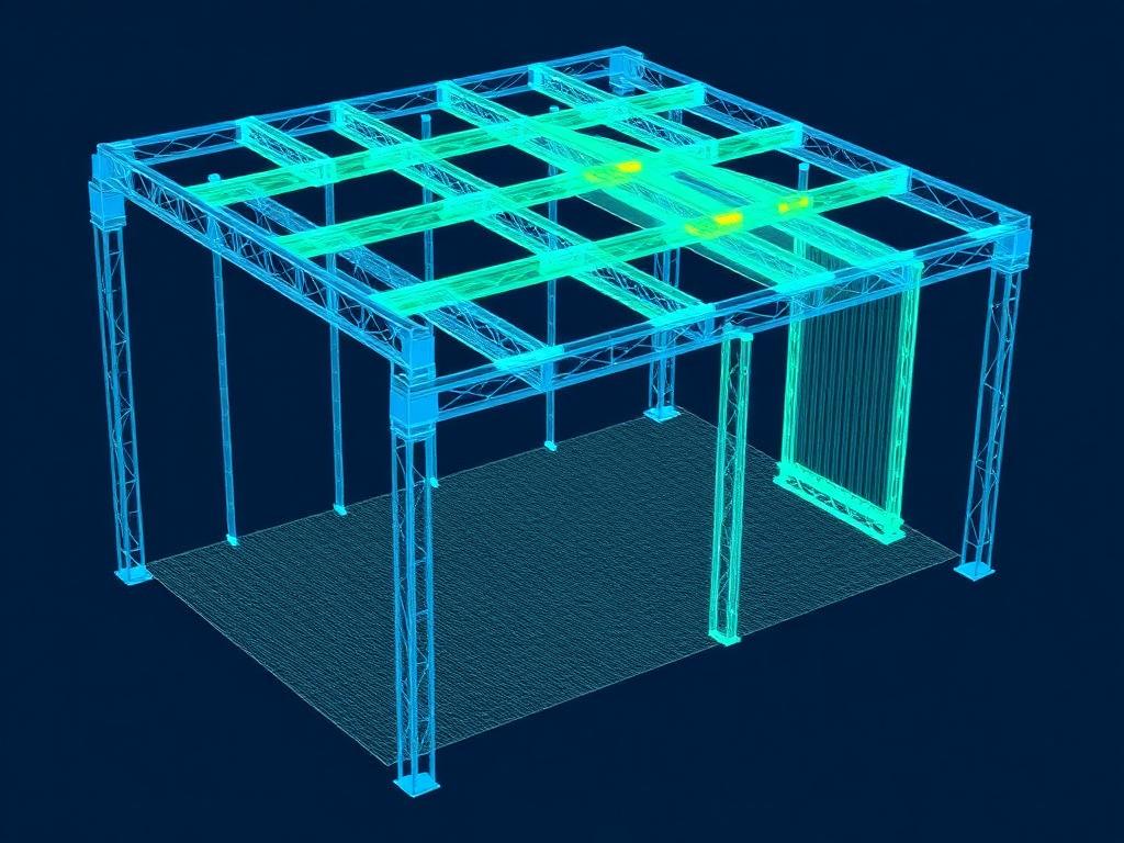 Finite element stress analysis of a steel frame structure with contour visualization
