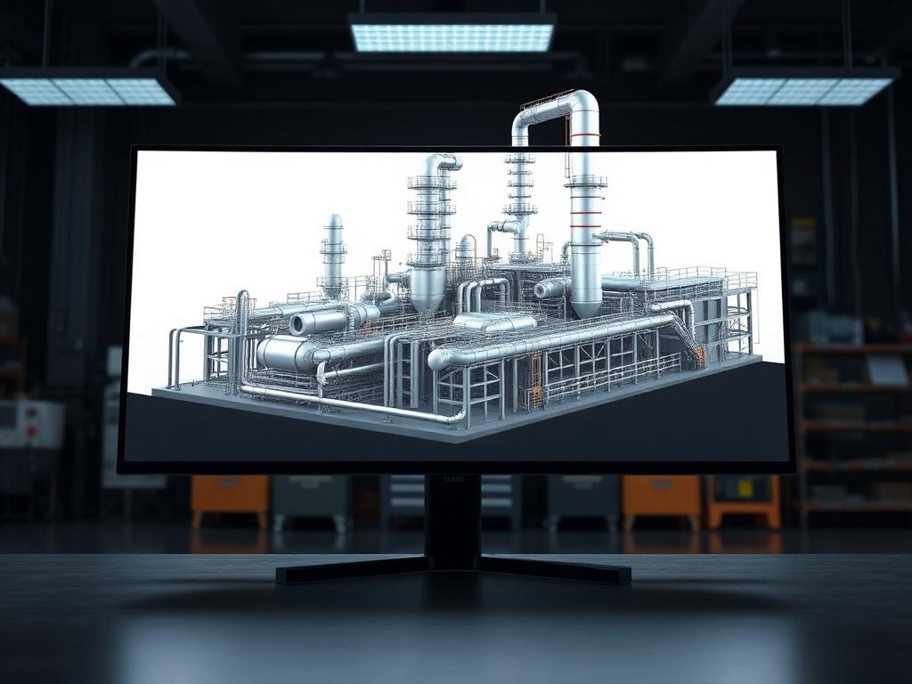 3D industrial plant model displayed on an engineering workstation