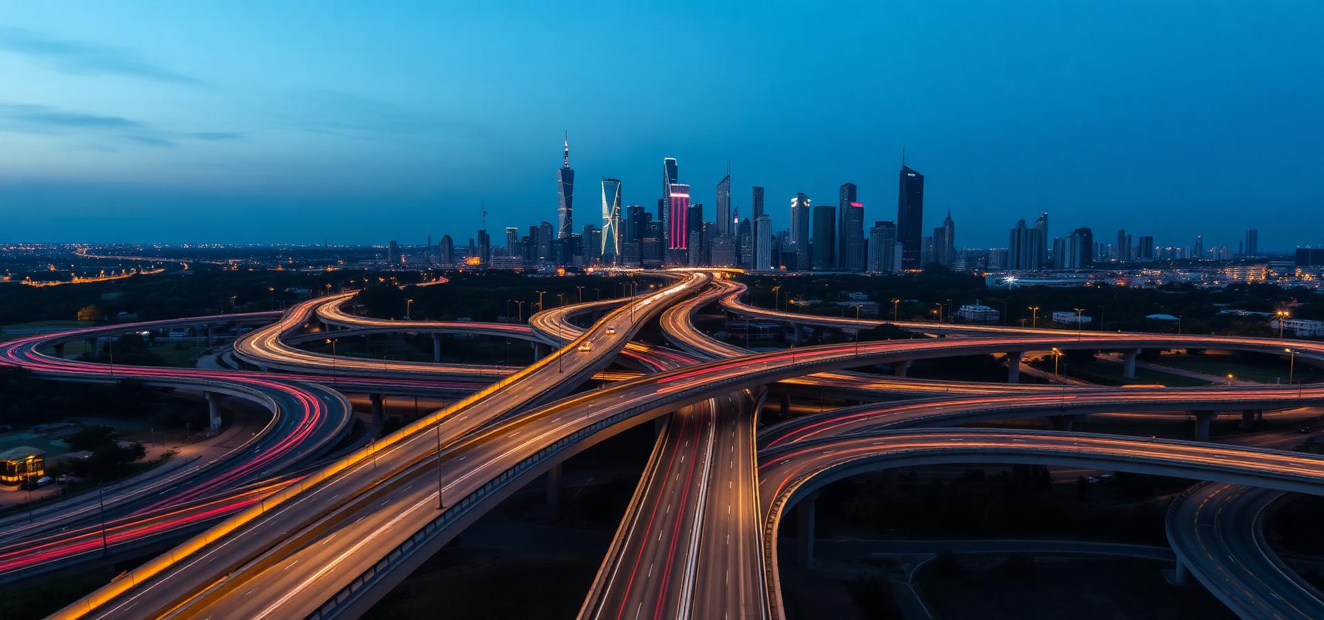 Highway interchange at dusk with light trails below a city skyline