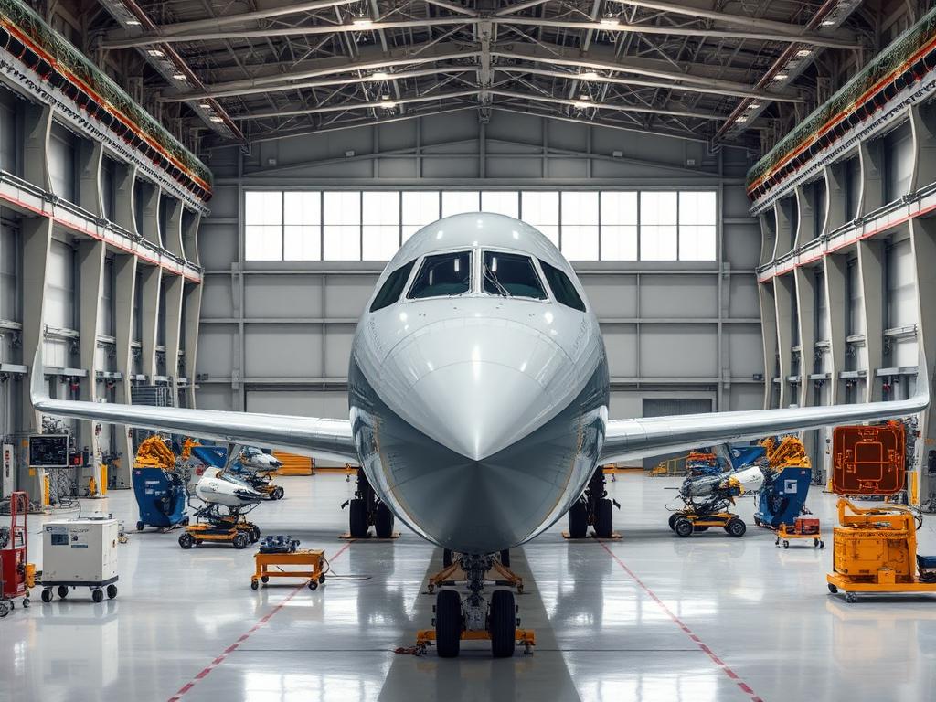 Aerospace assembly hangar with aircraft fuselage and precision equipment