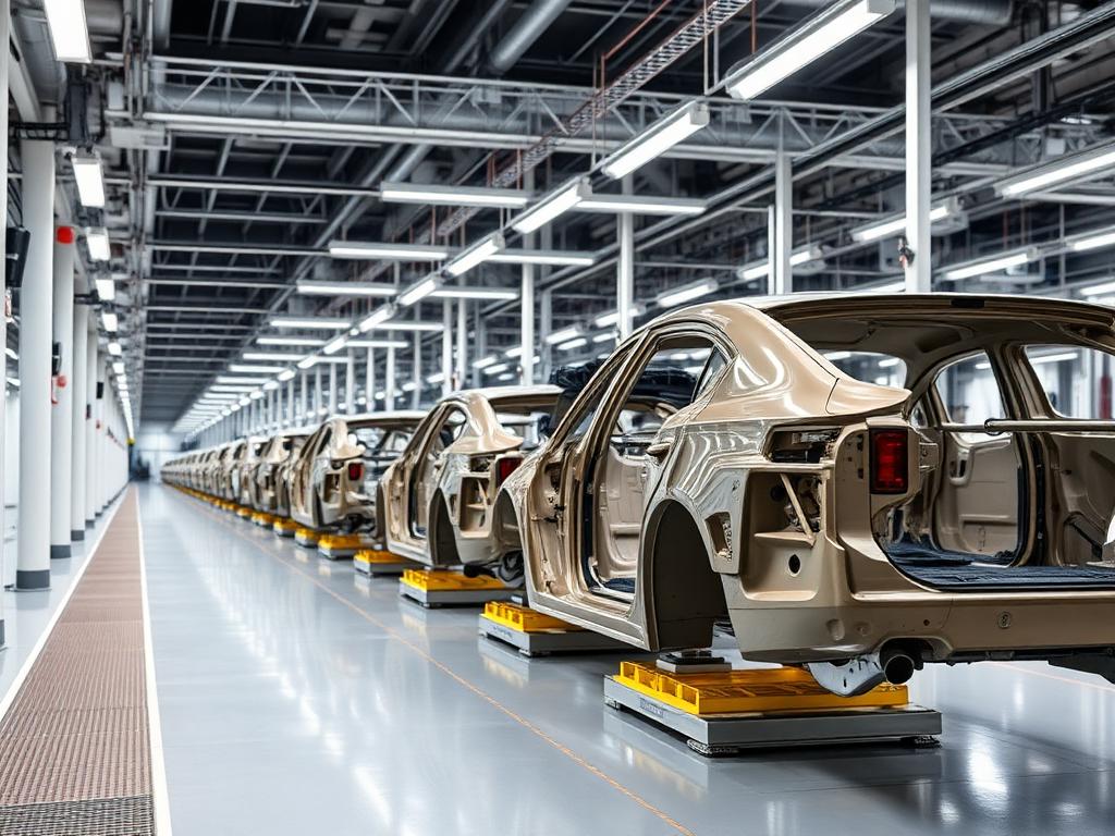 Automotive manufacturing plant with car body frames on an assembly line