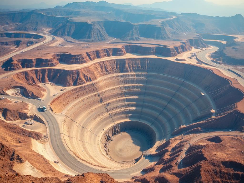 Aerial view of an open-pit mining operation with terraced haul roads