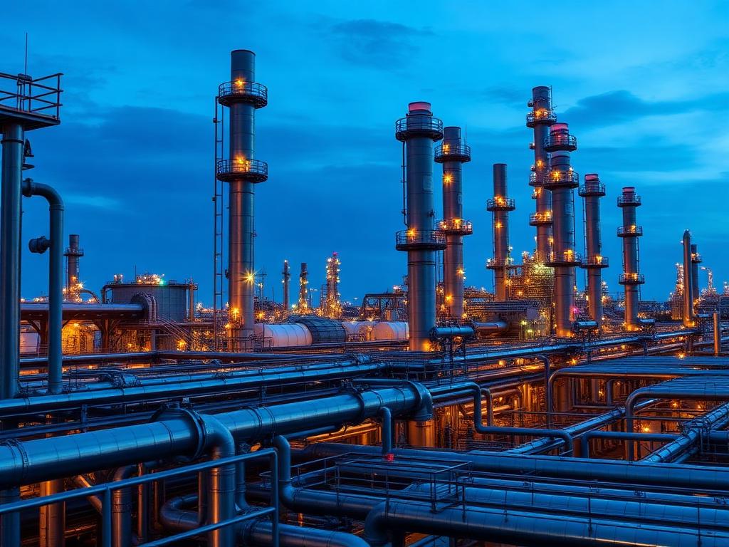 Oil and gas refinery with steel piping and distillation towers at blue hour