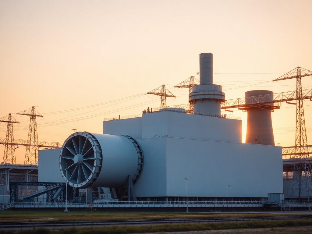 Power generation plant with turbine hall and transmission structures at golden hour