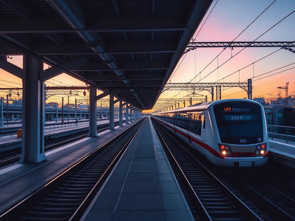 Modern rail transit station with elevated tracks at dawn
