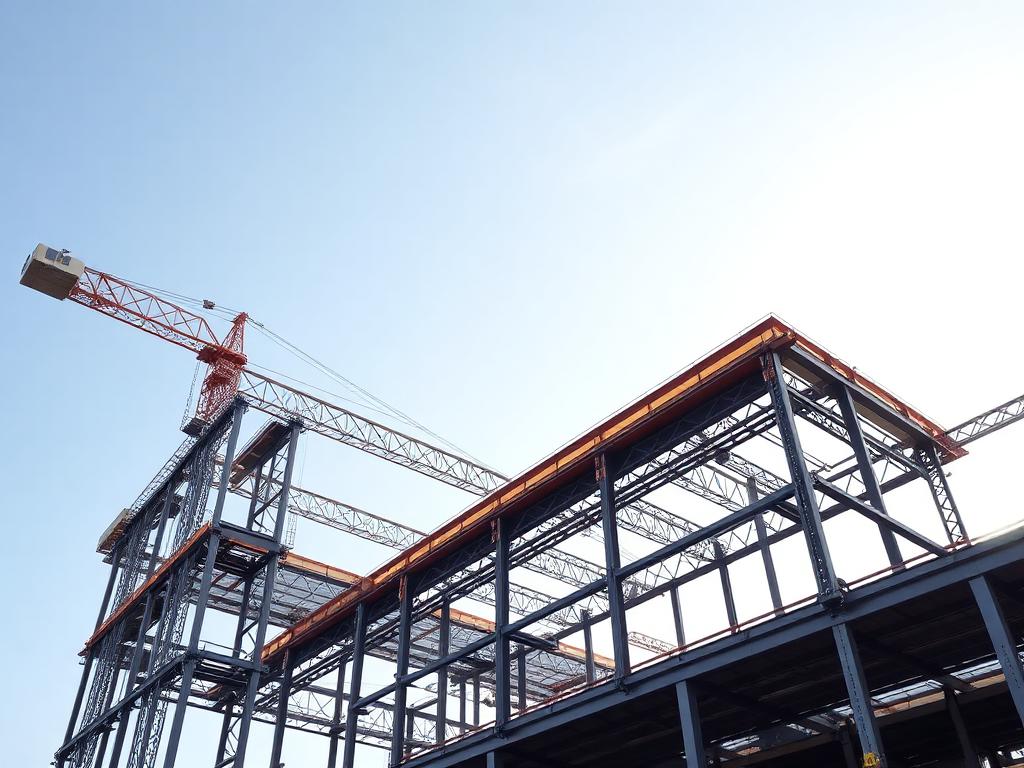 Steel structure skeleton of a building under construction against a clear sky