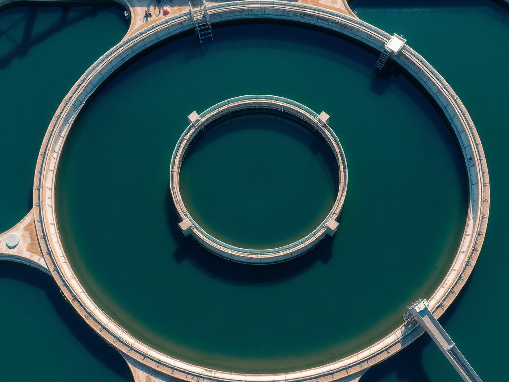 Aerial view of a water treatment plant with circular clarifier basins
