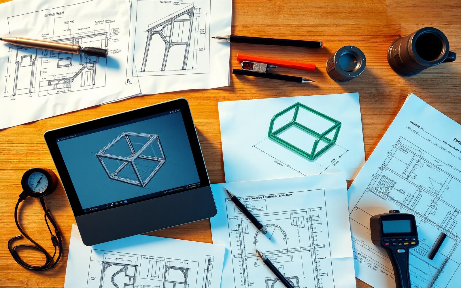 Engineering desk with structural drawings, calculations and a 3D frame model on a tablet