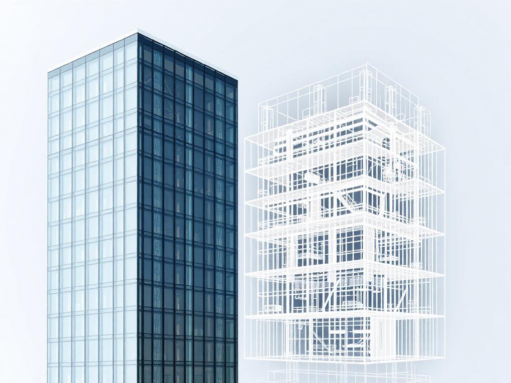 Modern building beside a translucent BIM wireframe of the same structure