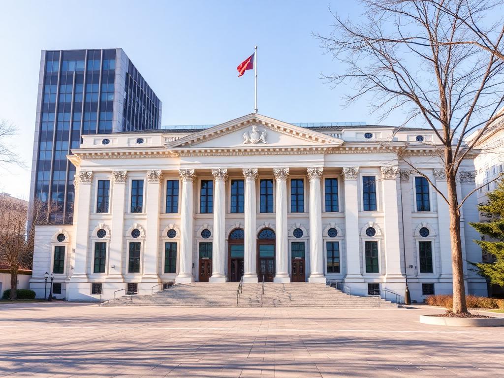 Civic government building with a public plaza in daylight