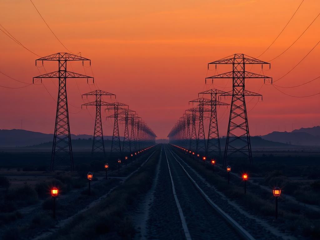 Utility corridor with transmission towers and a digital mapping overlay at dusk