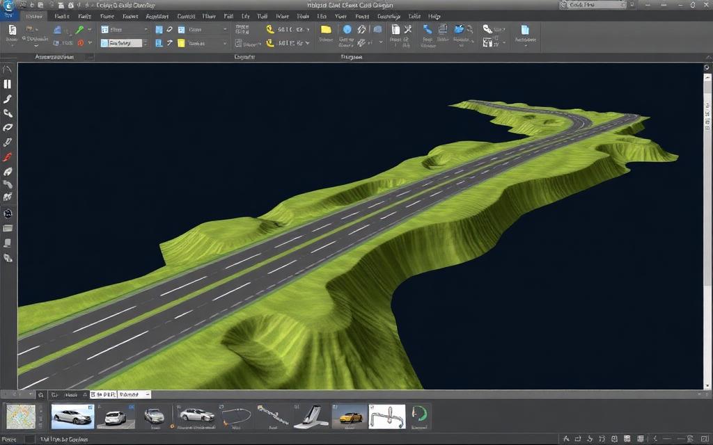 Road design environment showing a 3D highway corridor model with terrain