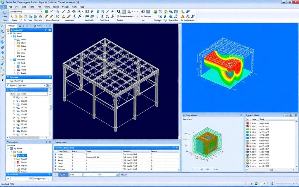 Structural analysis environment with a steel frame model and analysis results