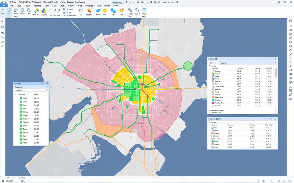 Water distribution modelling environment showing a network map with pressure zones